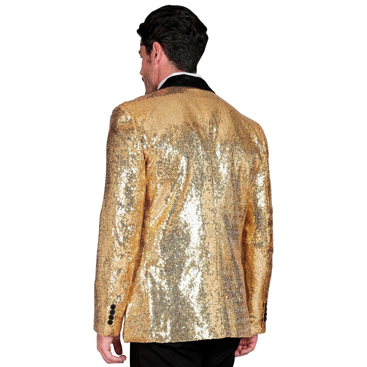 Op deze afbeelding zie je een Kostuums, van het merk Widmann. Showmaster Golden Glam Pailletten Colbert Man