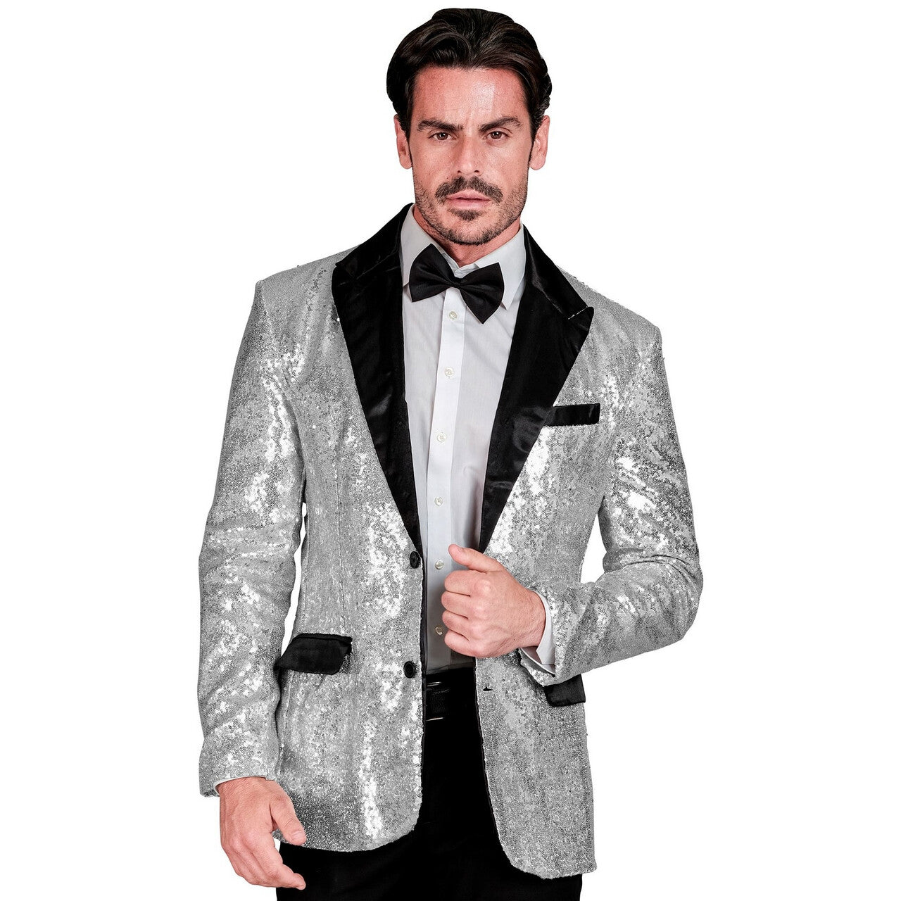 Op deze afbeelding zie je een Kostuums, van het merk Widmann. Showmaster Star Of The Show Pailletten Colbert Zilver Man