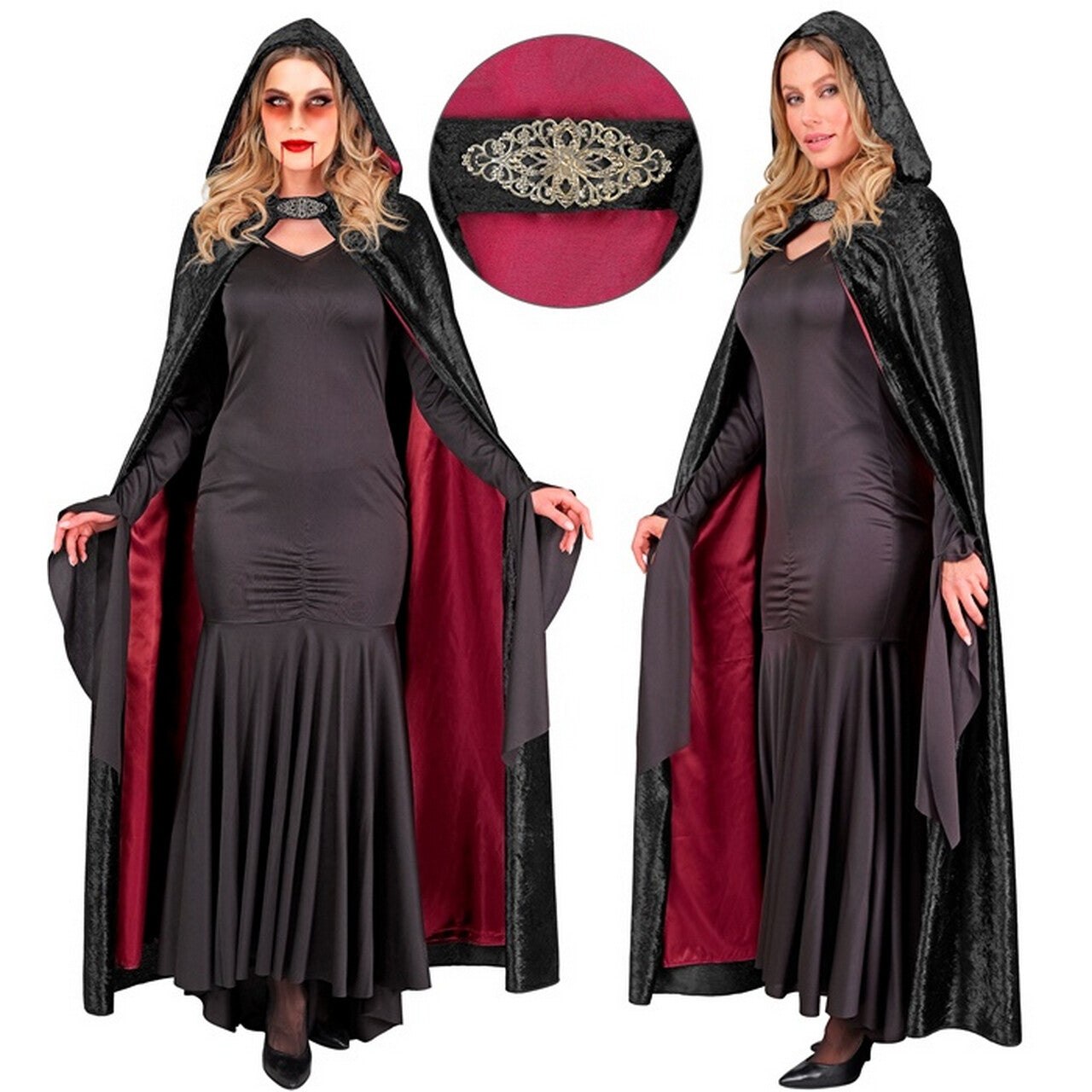 Op deze afbeelding zie je een Kostuums, van het merk Widmann. Zwarte Lange Fluwelen Cape Met Kap 140 Centimeter