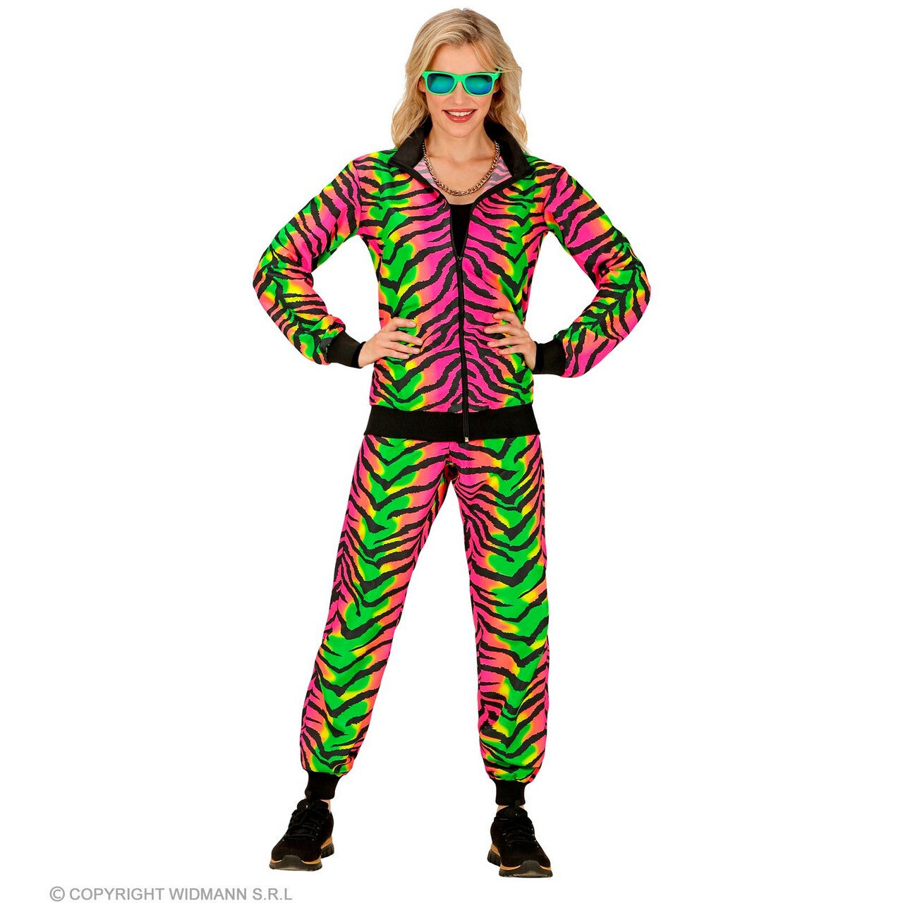 Op deze afbeelding zie je een Kostuums, van het merk Widmann. Neon Raving Tiger Trainingspak Kostuum