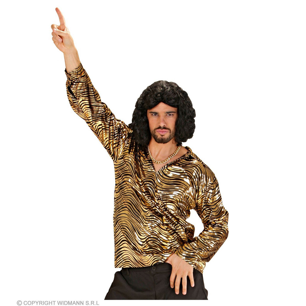 Op deze afbeelding zie je een Kostuums, van het merk Widmann. Exotische Joe Disco Shirt Goud Man