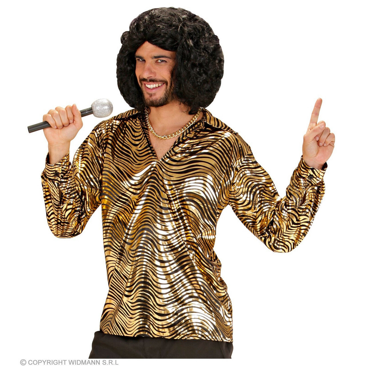 Op deze afbeelding zie je een Kostuums, van het merk Widmann. Exotische Joe Disco Shirt Goud Man