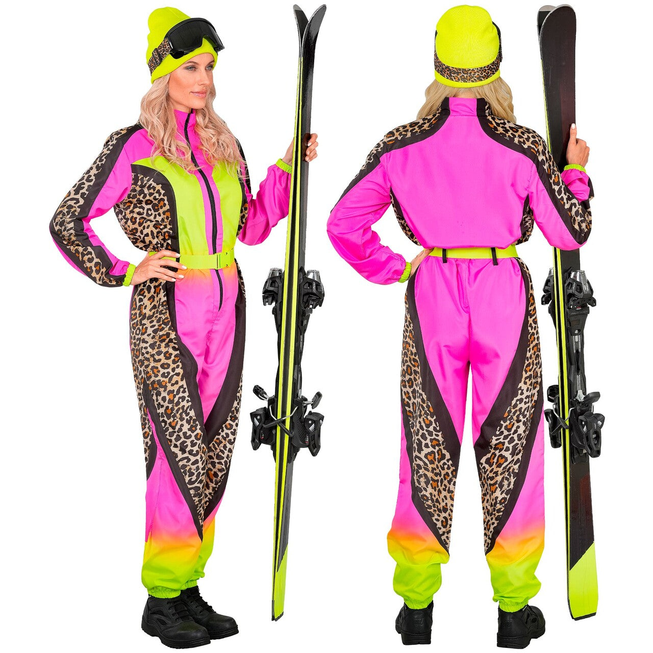 Op deze afbeelding zie je een Kostuums, van het merk Widmann. 90s Fout Ski Pak Roze Panterprint Vrouw