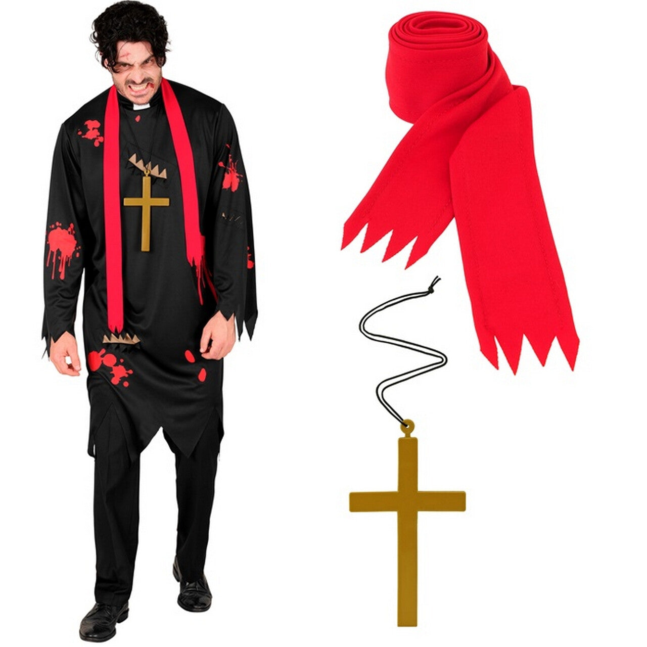 Op deze afbeelding zie je een Kostuums, van het merk Widmann. Gehavende Zombie Priester Man Kostuum