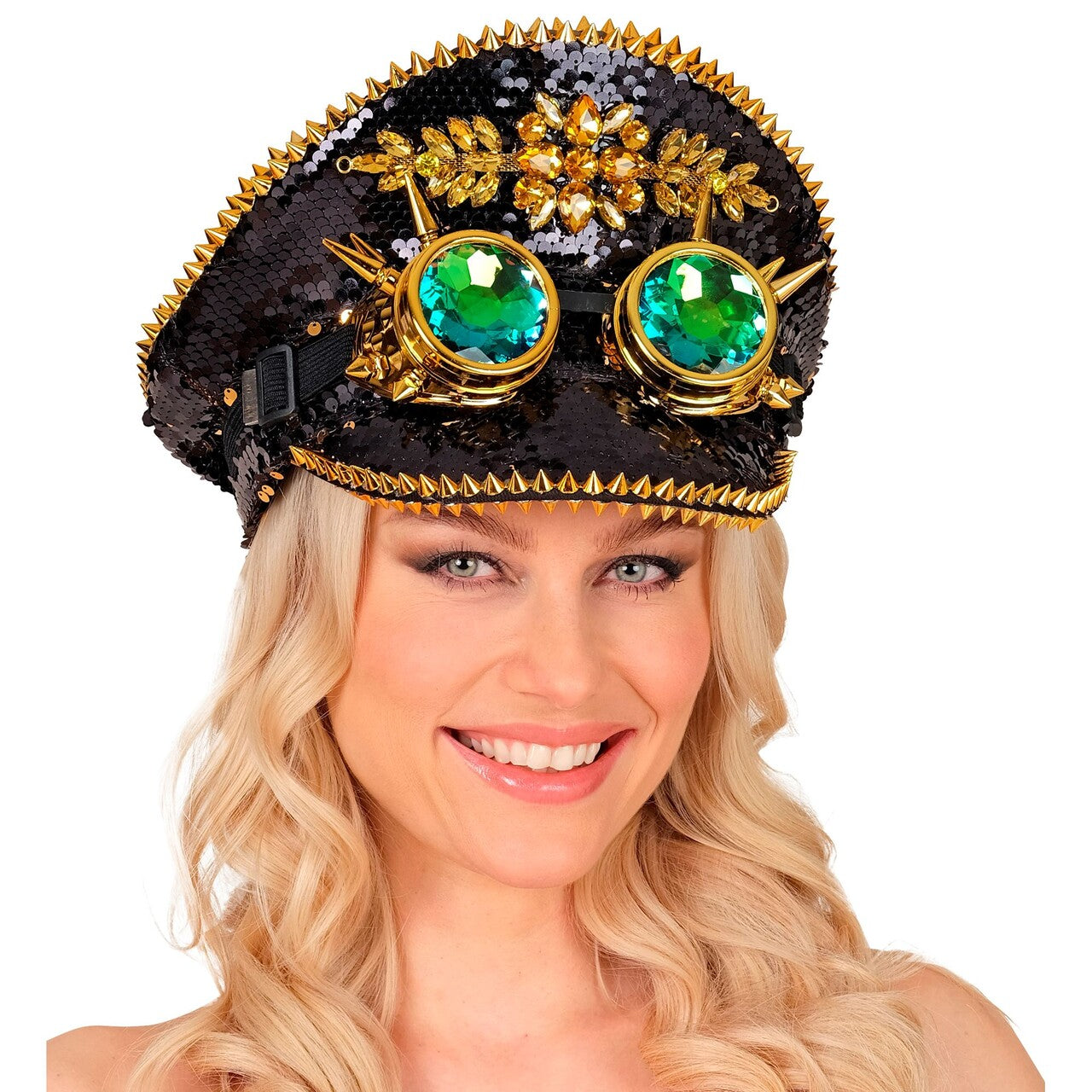 Op deze afbeelding zie je een Accessoires, van het merk Widmann. Zwarte Futuristische Pailletten Pet Met Bril Burning Man