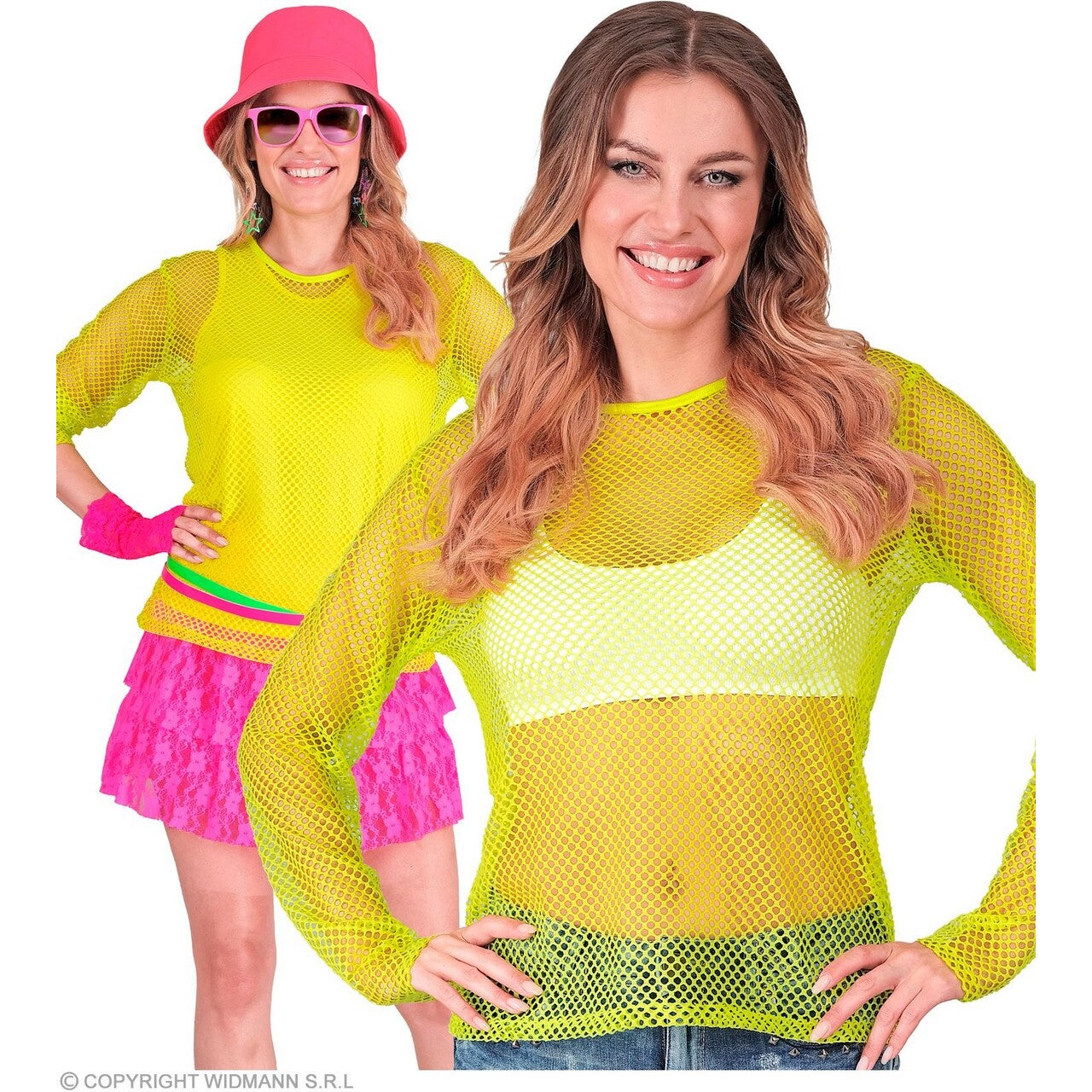 Op deze afbeelding zie je een Kostuums, van het merk Widmann. Visnet Shirt Neon Geel Vrouw