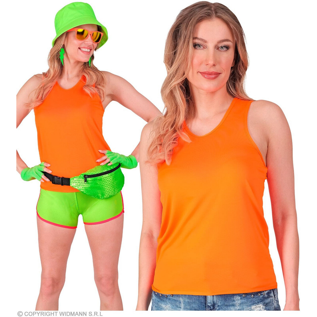 Op deze afbeelding zie je een Kostuums, van het merk Widmann. Basic Tank Top Neon Oranje Vrouw
