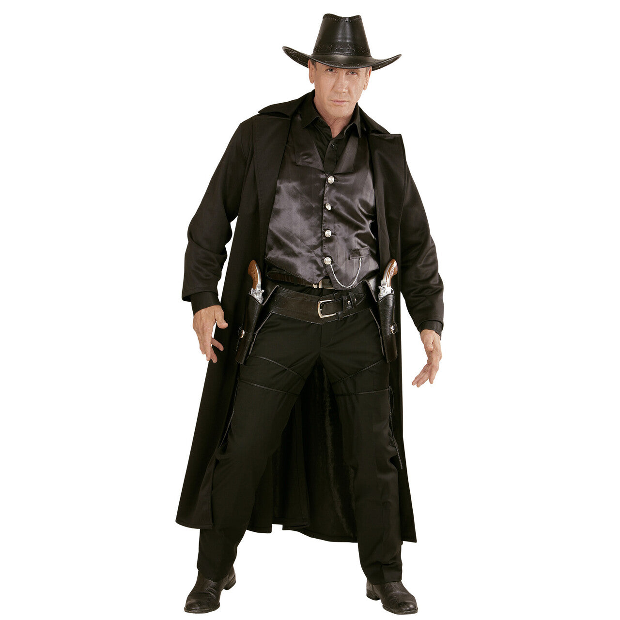 Op deze afbeelding zie je een Accessoires, van het merk Widmann. Saloon Shooter Western Dubbel Holster Met Riem Lederlook , Zwart