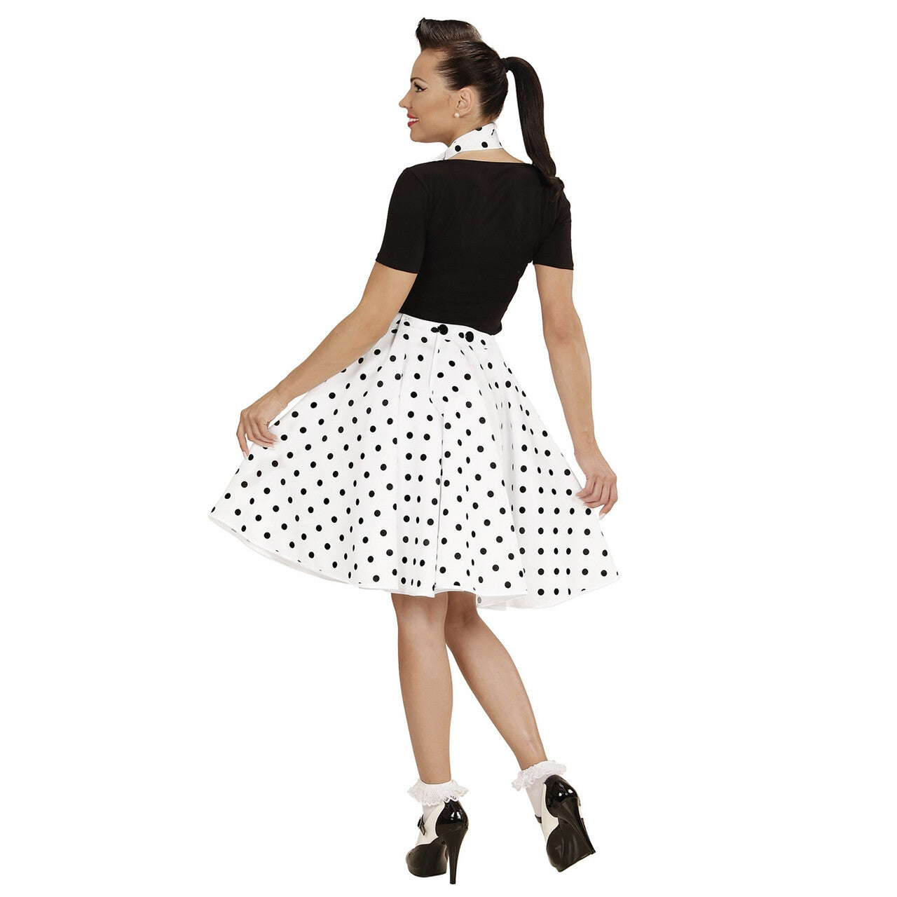 Op deze afbeelding zie je een Kostuums, van het merk Widmann. 50s Rock And Roll Rok Met Nekband, Wit Black Dotty Vrouw Kostuum