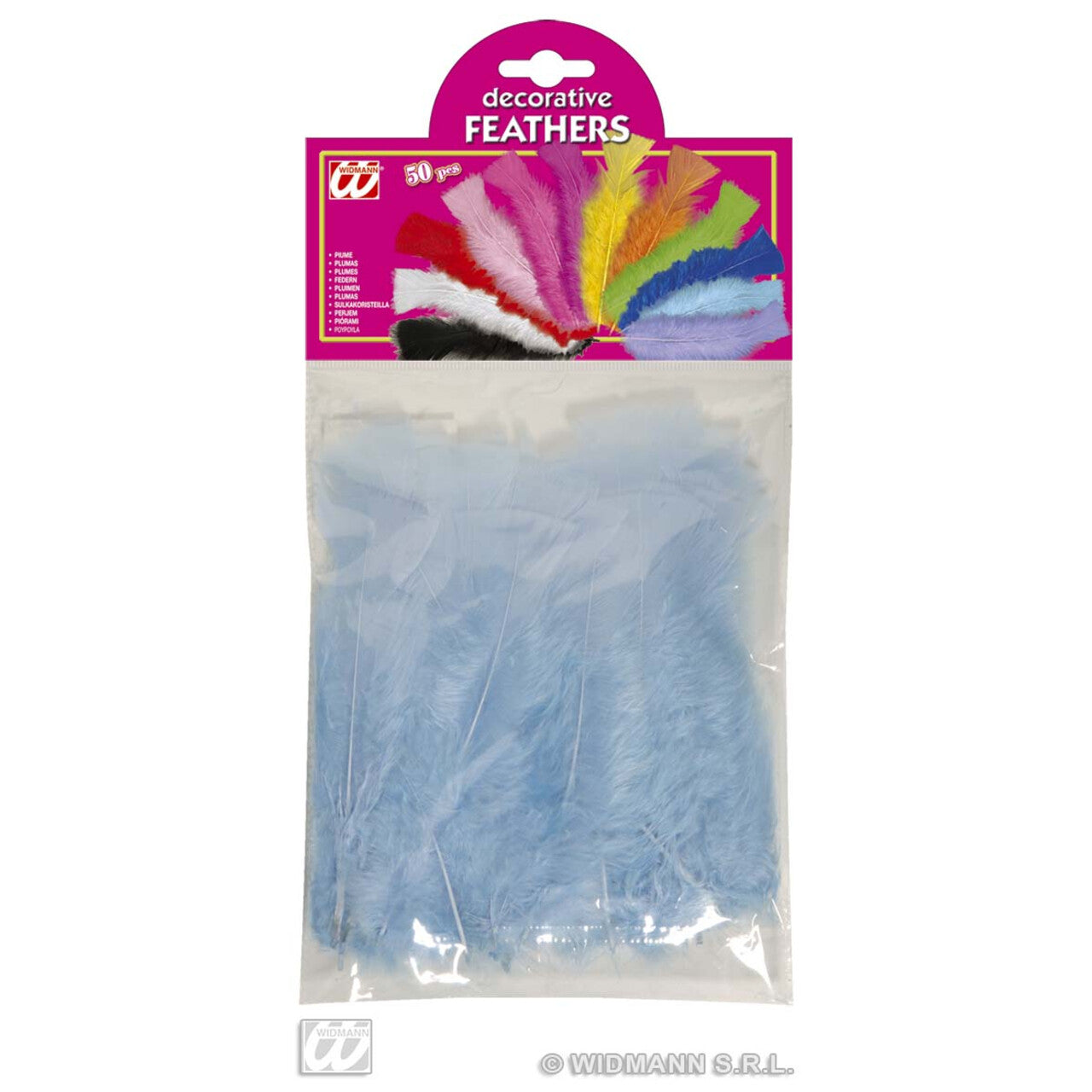 Op deze afbeelding zie je een Decoratie, van het merk Widmann. Zakje Met 50 Veertjes, Licht Blauw
