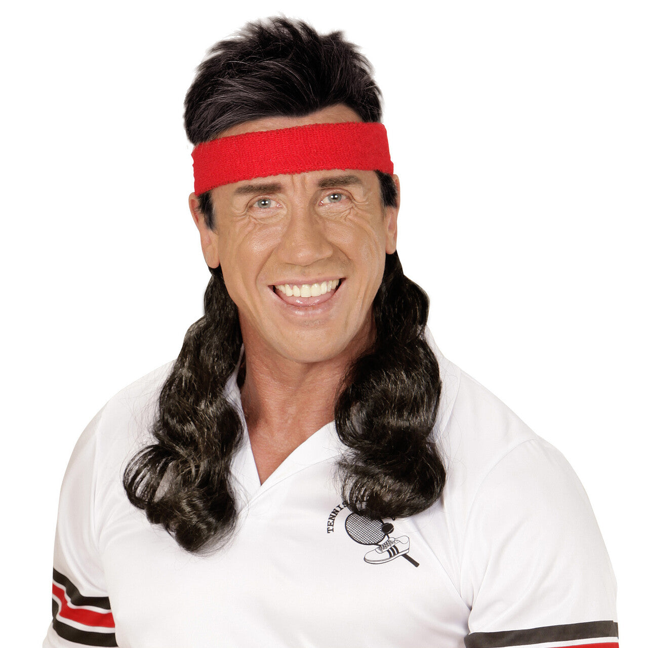 Op deze afbeelding zie je een Accessoires, van het merk Widmann. Sporty Rode Zweetband Met Zwart Gekruld Haar