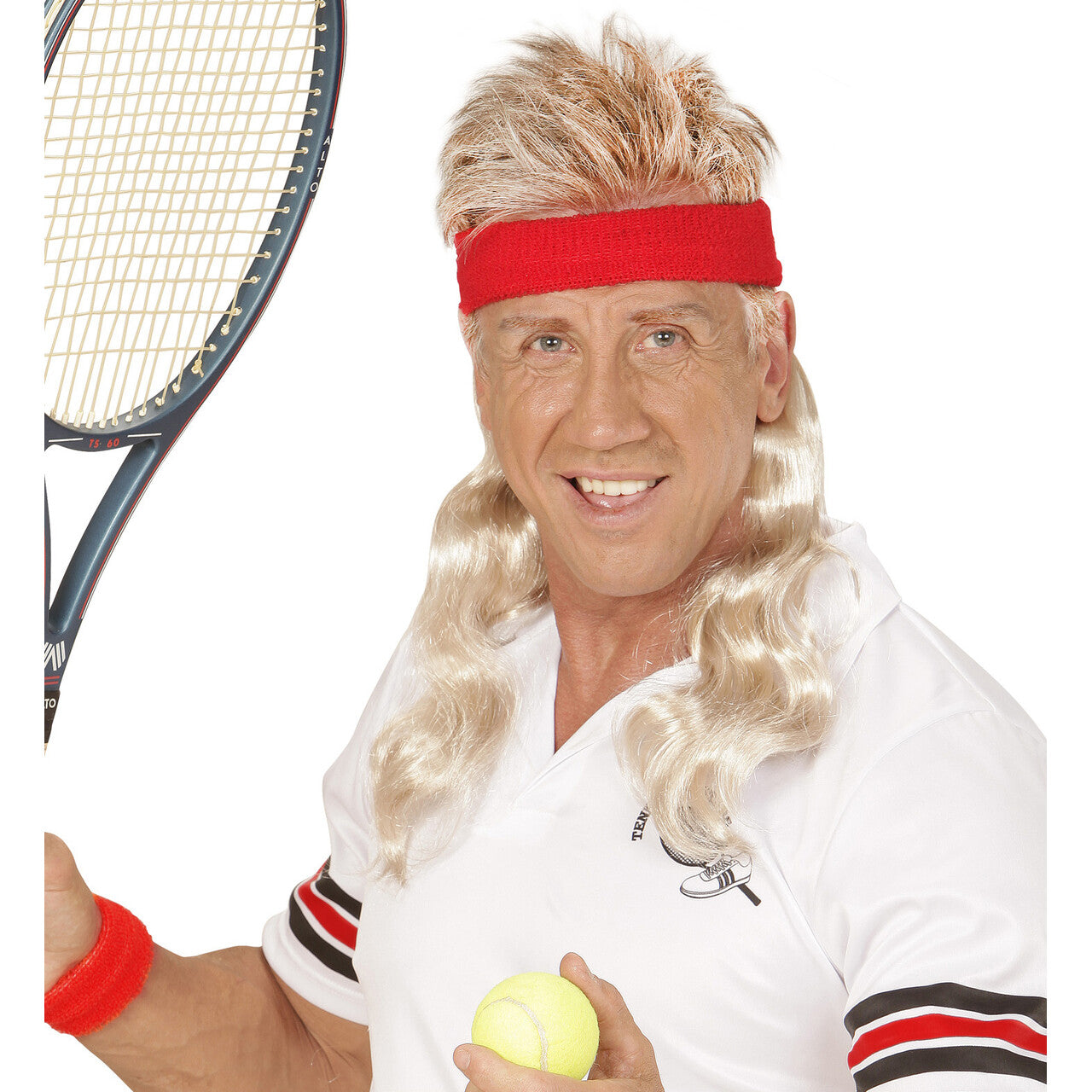Op deze afbeelding zie je een Accessoires, van het merk Widmann. Sporty Rode Zweetband Met Blond Gekruld Haar