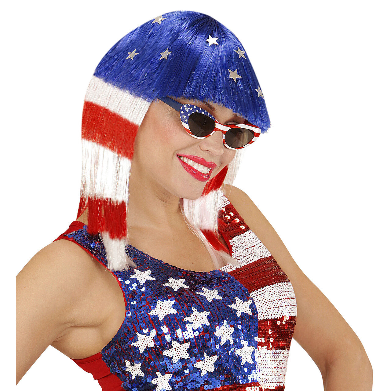 Op deze afbeelding zie je een Accessoires, van het merk Widmann. Stars And Stripes Pruik, Miss USA