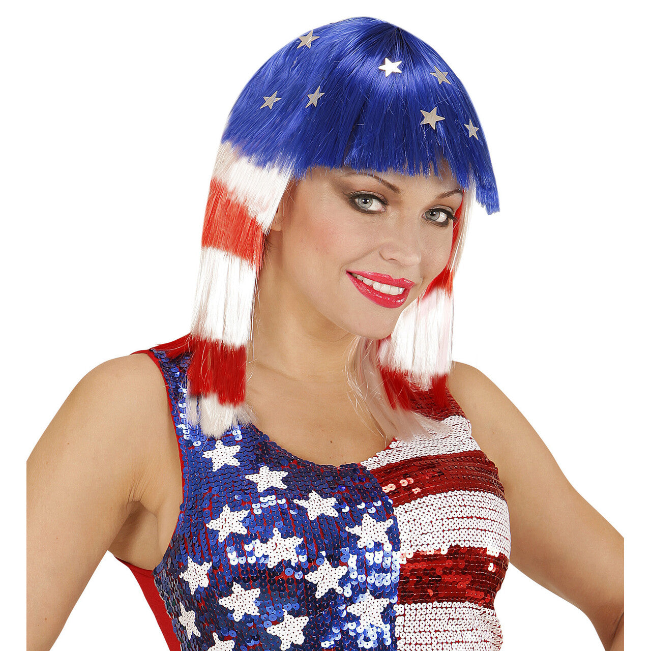 Op deze afbeelding zie je een Accessoires, van het merk Widmann. Stars And Stripes Pruik, Miss USA