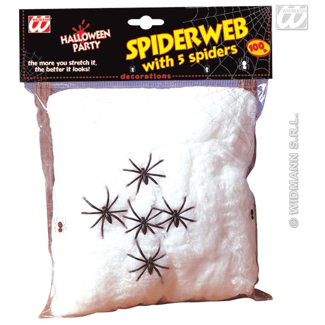 Op deze afbeelding zie je een Decoratie, van het merk Widmann. Spinnenweb 100 Gram Met 5 Spinnen