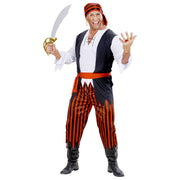 Op deze afbeelding zie je een Kostuums, van het merk Widmann. Caribische Piraat Blauwbaard Rood Zwart Wit Man Kostuum