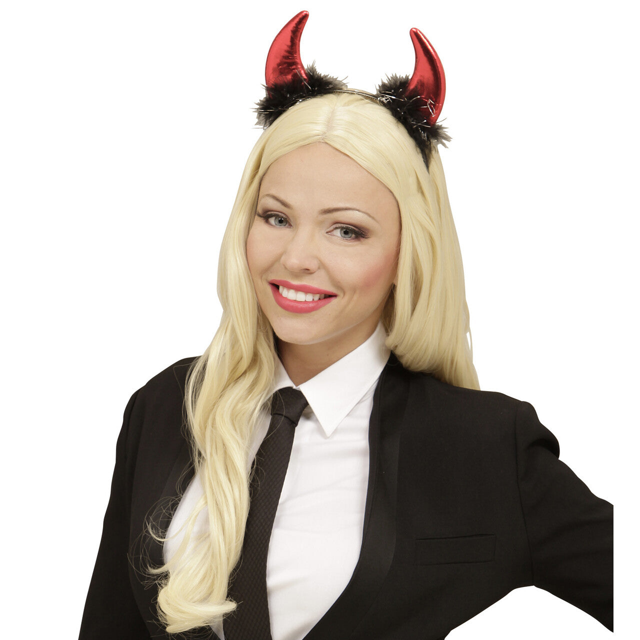 Op deze afbeelding zie je een Accessoires, van het merk Widmann. Evil Red Duivelshoorntje Metallic Met Marabou