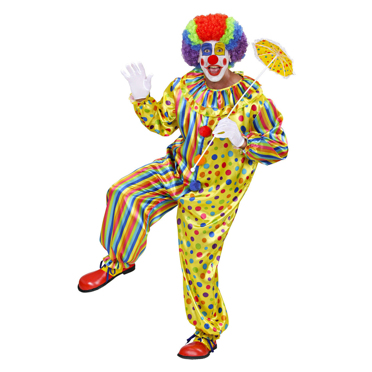 Op deze afbeelding zie je een Kostuums, van het merk Widmann. Veelkleurige Clown Jumpsuit Volwassen Kostuum