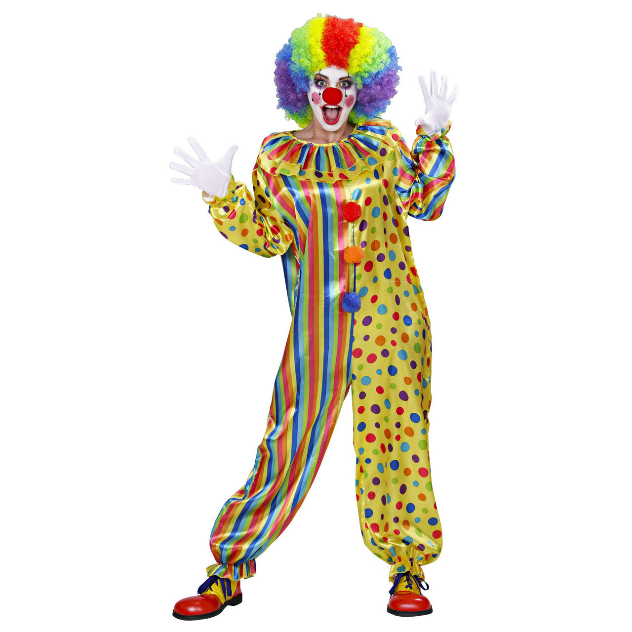 Op deze afbeelding zie je een Kostuums, van het merk Widmann. Veelkleurige Clown Jumpsuit Volwassen Kostuum