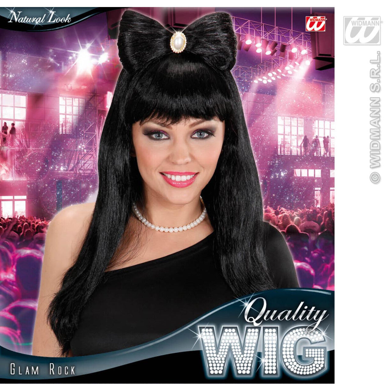 Op deze afbeelding zie je een Accessoires, van het merk Widmann. Pruik, Glamrock Zwart Met Strik En Juwelen