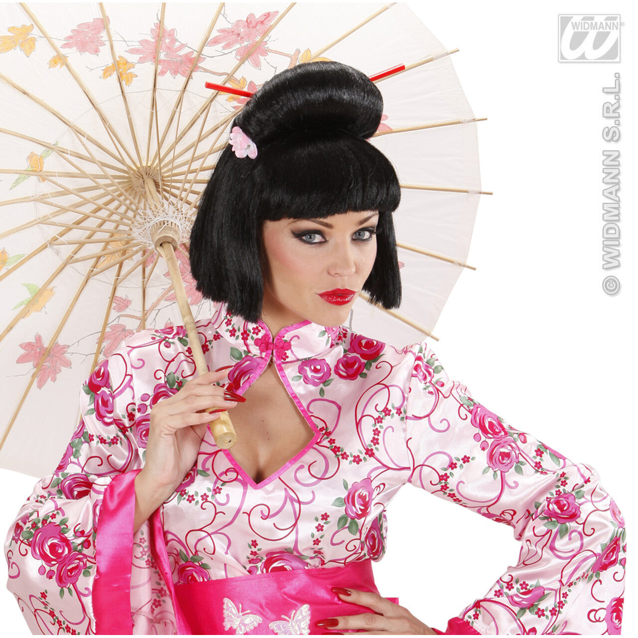 Op deze afbeelding zie je een Accessoires, van het merk Widmann. Pruik, Geisha Met Bloem En Chopsticks