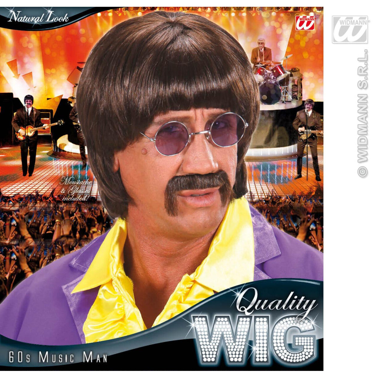 Op deze afbeelding zie je een Accessoires, van het merk Widmann. Pruik, Popster 60s Bruin Met Snor En Bril