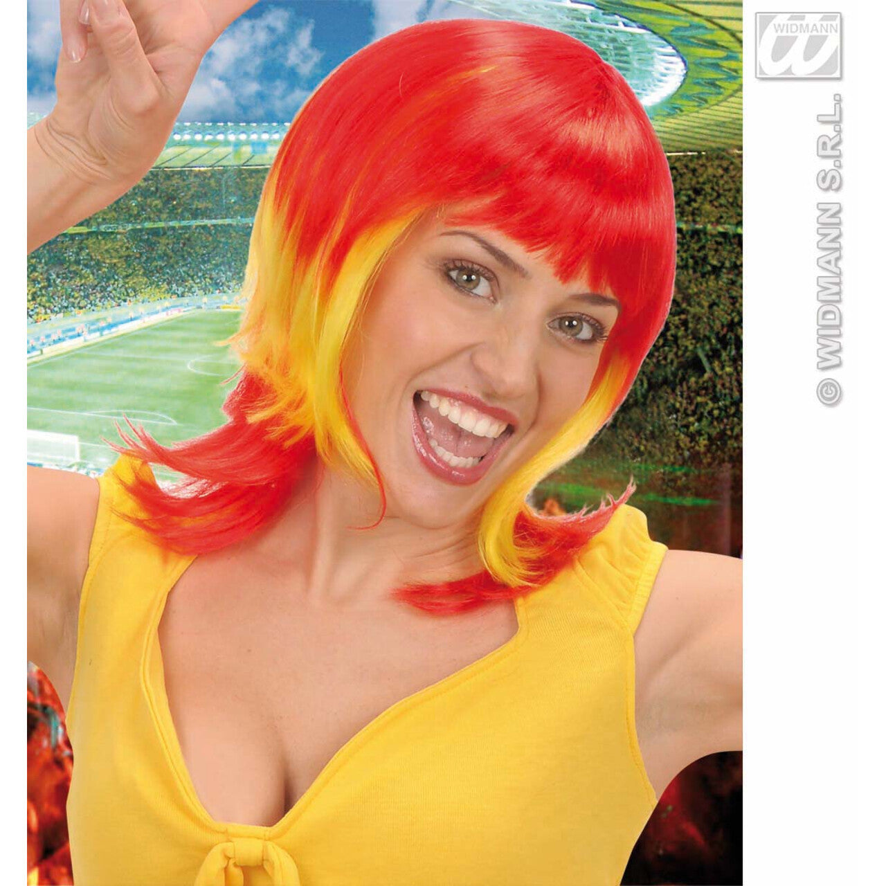 Op deze afbeelding zie je een Accessoires, van het merk Widmann. Pruik, Supporter Spanje Vrouw