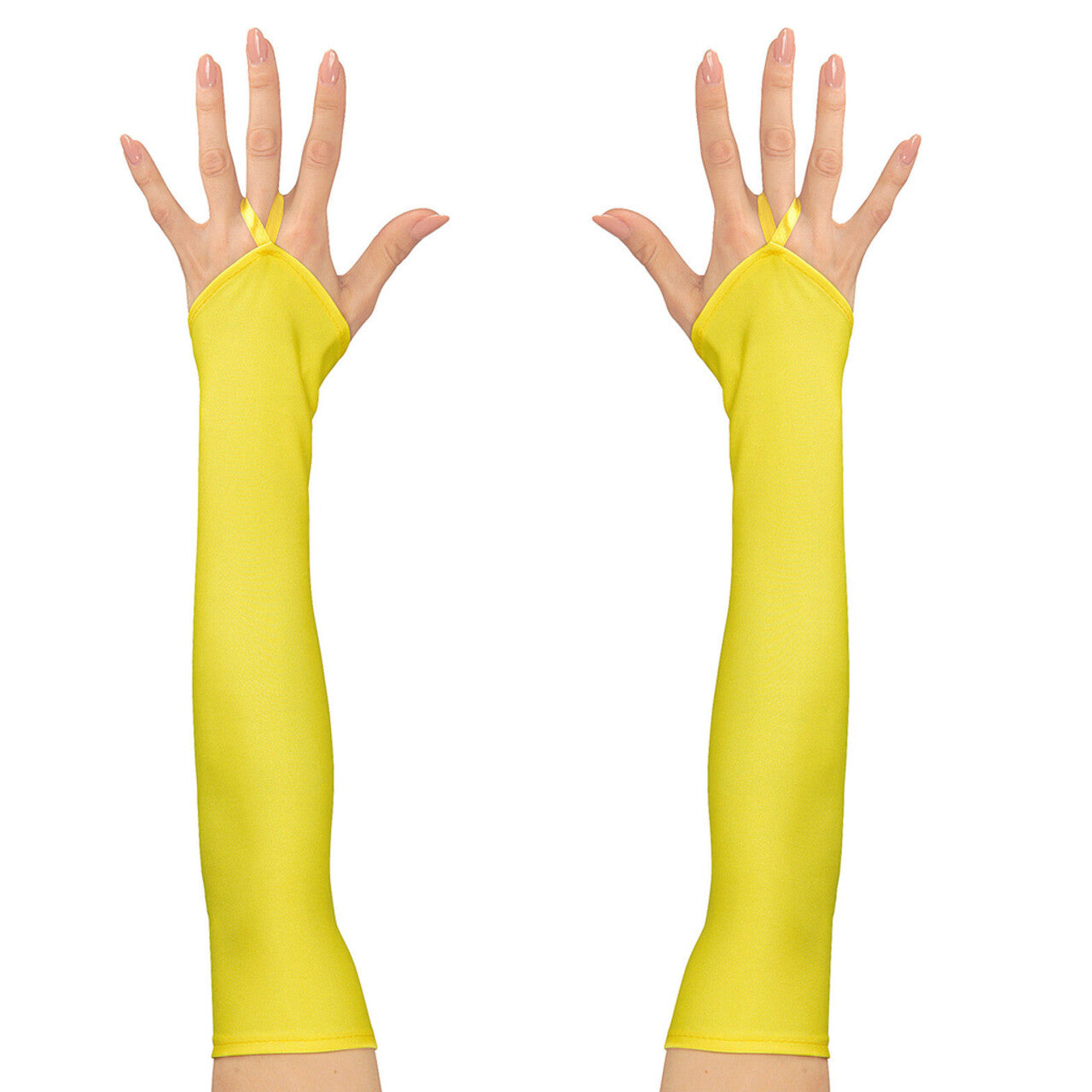 Op deze afbeelding zie je een Accessoires, van het merk Widmann. Tachtiger Jaren Vingerloze Handschoenen Satijn, Neon Geel
