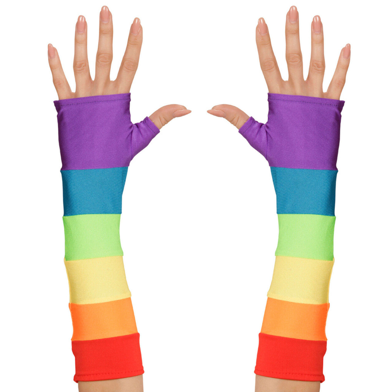 Op deze afbeelding zie je een Accessoires, van het merk Widmann. Tachtiger Jaren Vingerloze Handschoenen Satijn, Regenboog Kleuren