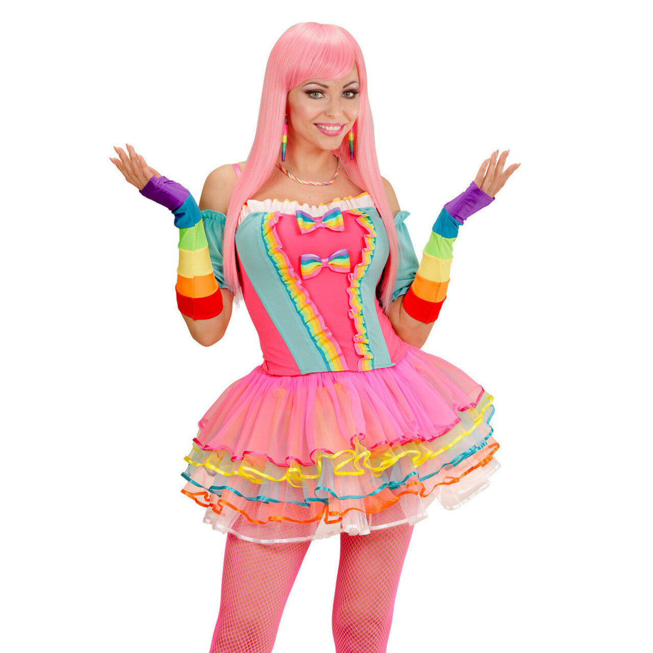 Op deze afbeelding zie je een Accessoires, van het merk Widmann. Tachtiger Jaren Vingerloze Handschoenen Satijn, Regenboog Kleuren