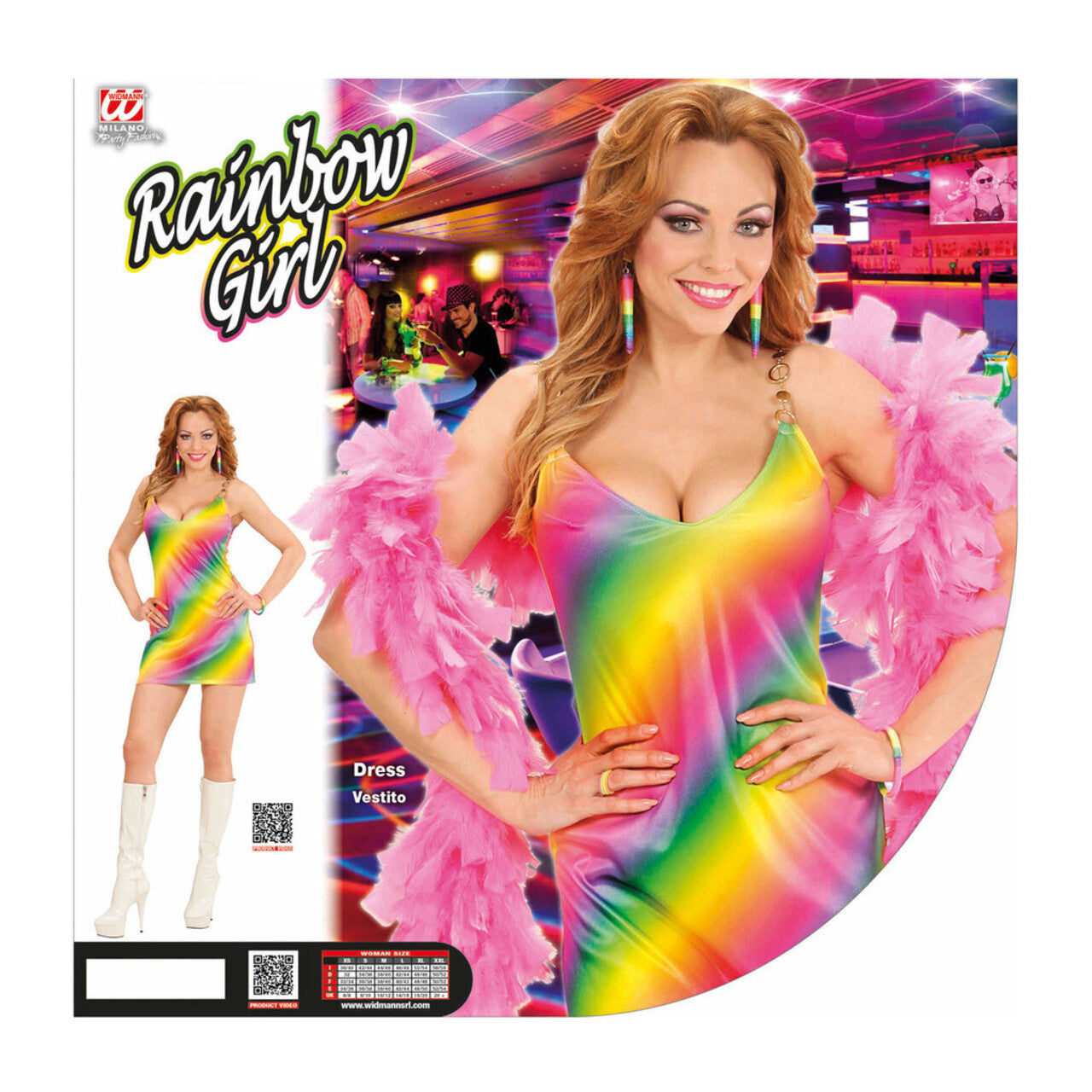 Op deze afbeelding zie je een Kostuums, van het merk Widmann. 70s Regenboog Dame Vrouw Kostuum