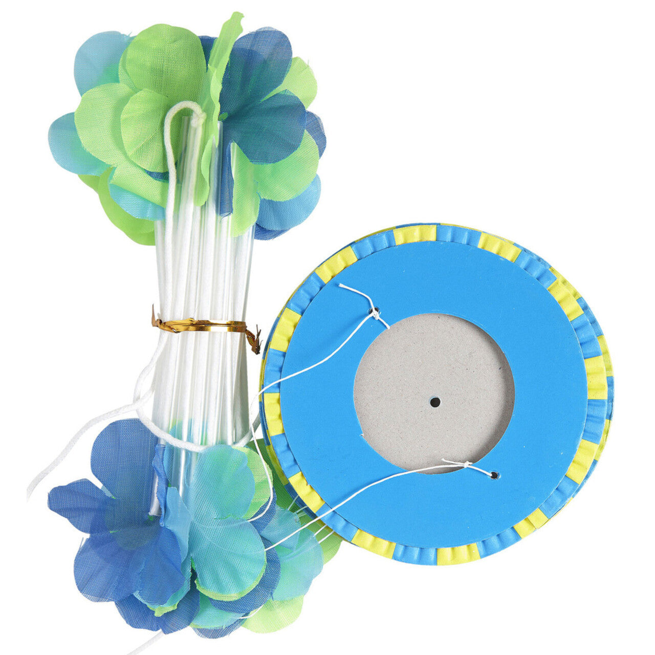 Op deze afbeelding zie je een Decoratie, van het merk Widmann. Feestelijke Slinger Met Lampions En Bloemen Blauw / Geel, 3 Meter