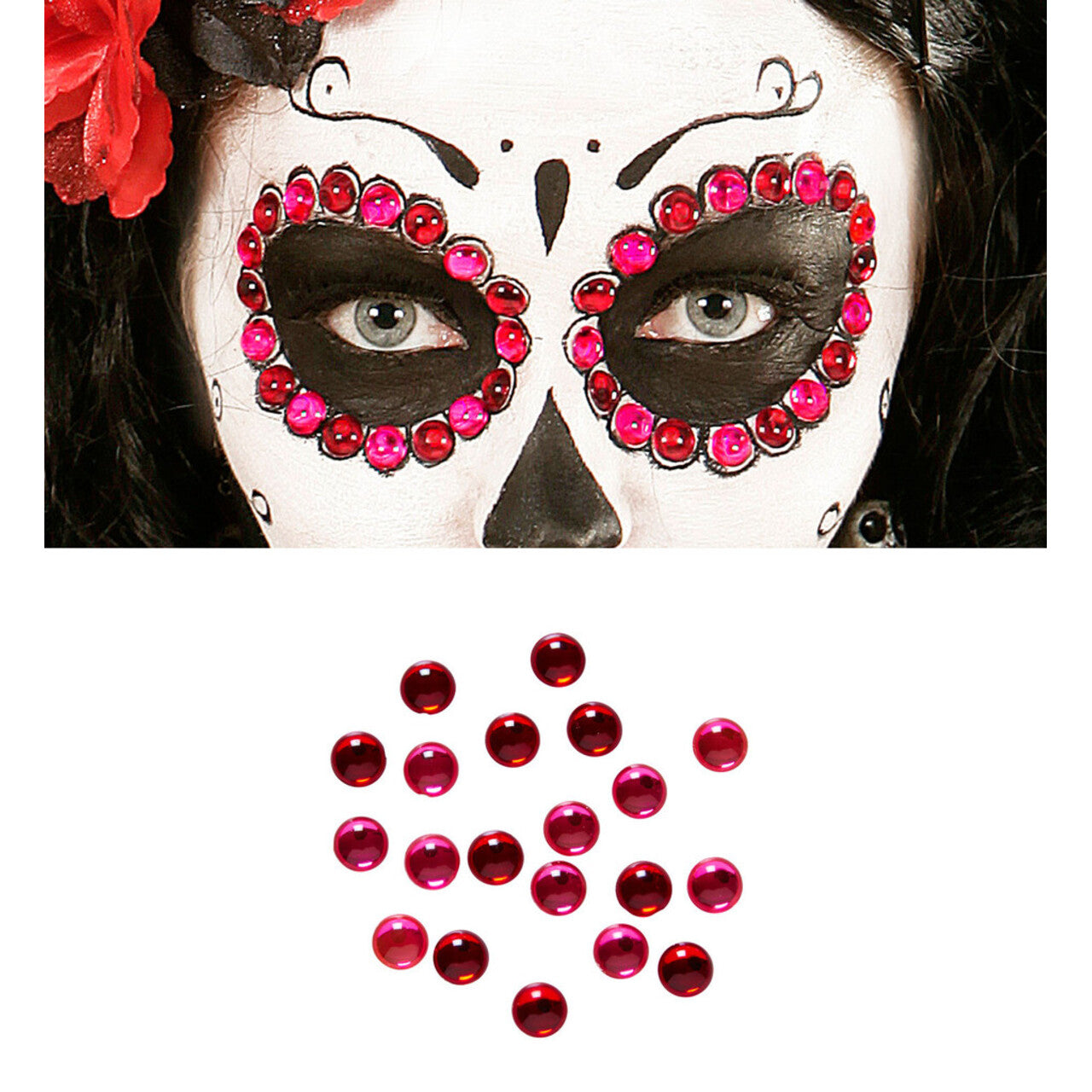 Op deze afbeelding zie je een Accessoires, van het merk Widmann. Opplak Set Van 40 Oog Edelstenen, Rood / Roze