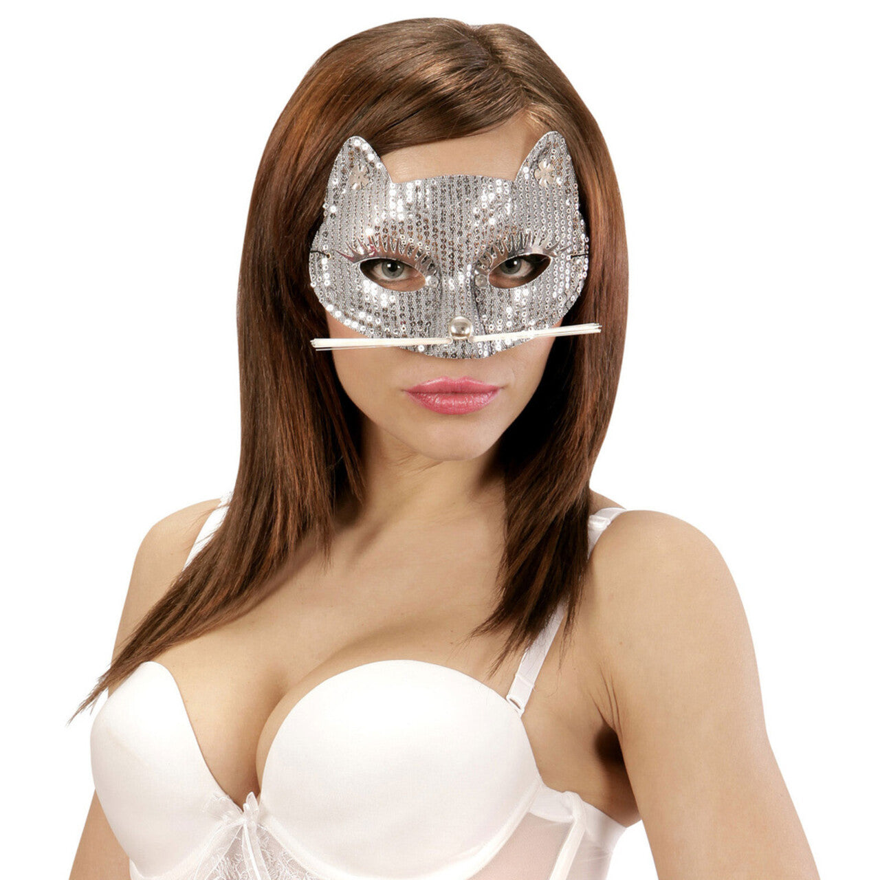 Op deze afbeelding zie je een Accessoires, van het merk Widmann. Ms Purrr Oogmasker Kat Met Zilveren Pareltjes