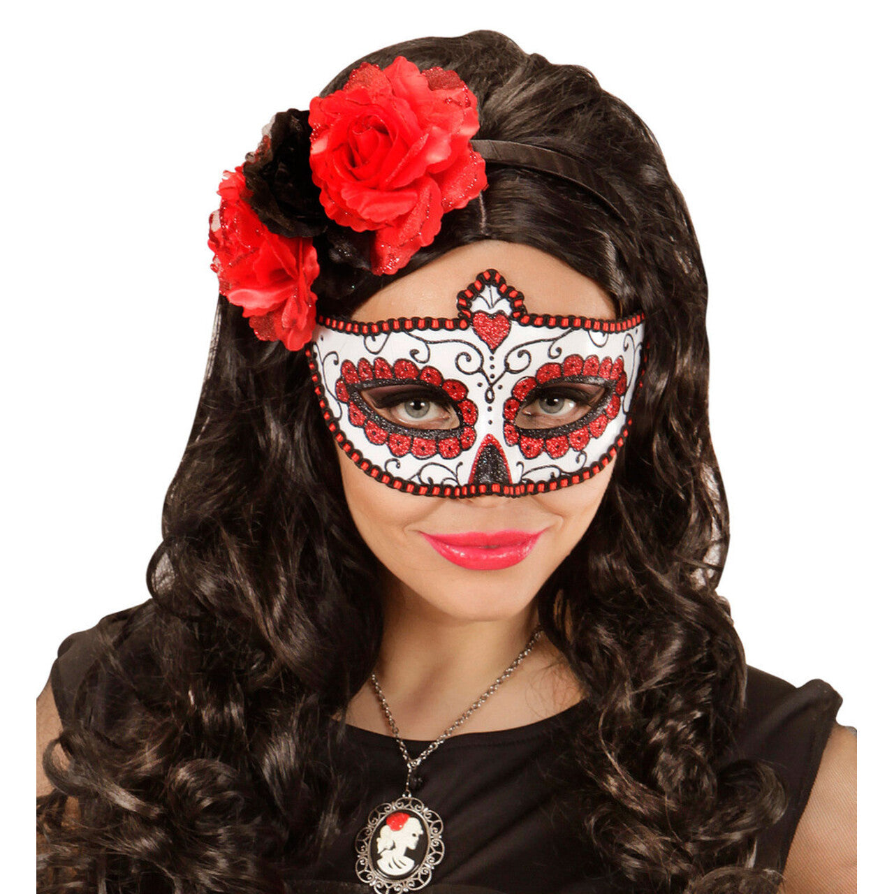 Op deze afbeelding zie je een Accessoires, van het merk Widmann. Mexicaans Oogmasker Dia De Los Muertos Zwart & Rood