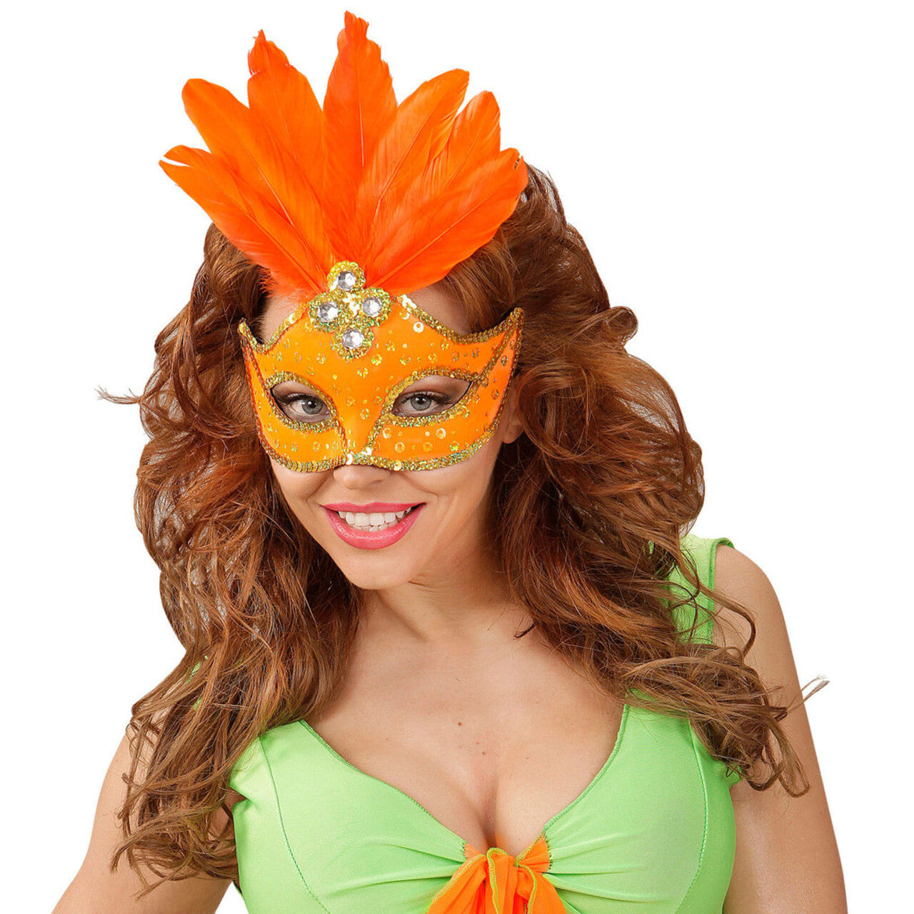 Op deze afbeelding zie je een Accessoires, van het merk Widmann. Samba Oogmasker Brazilie Met Veren En Parels, Neon Oranje