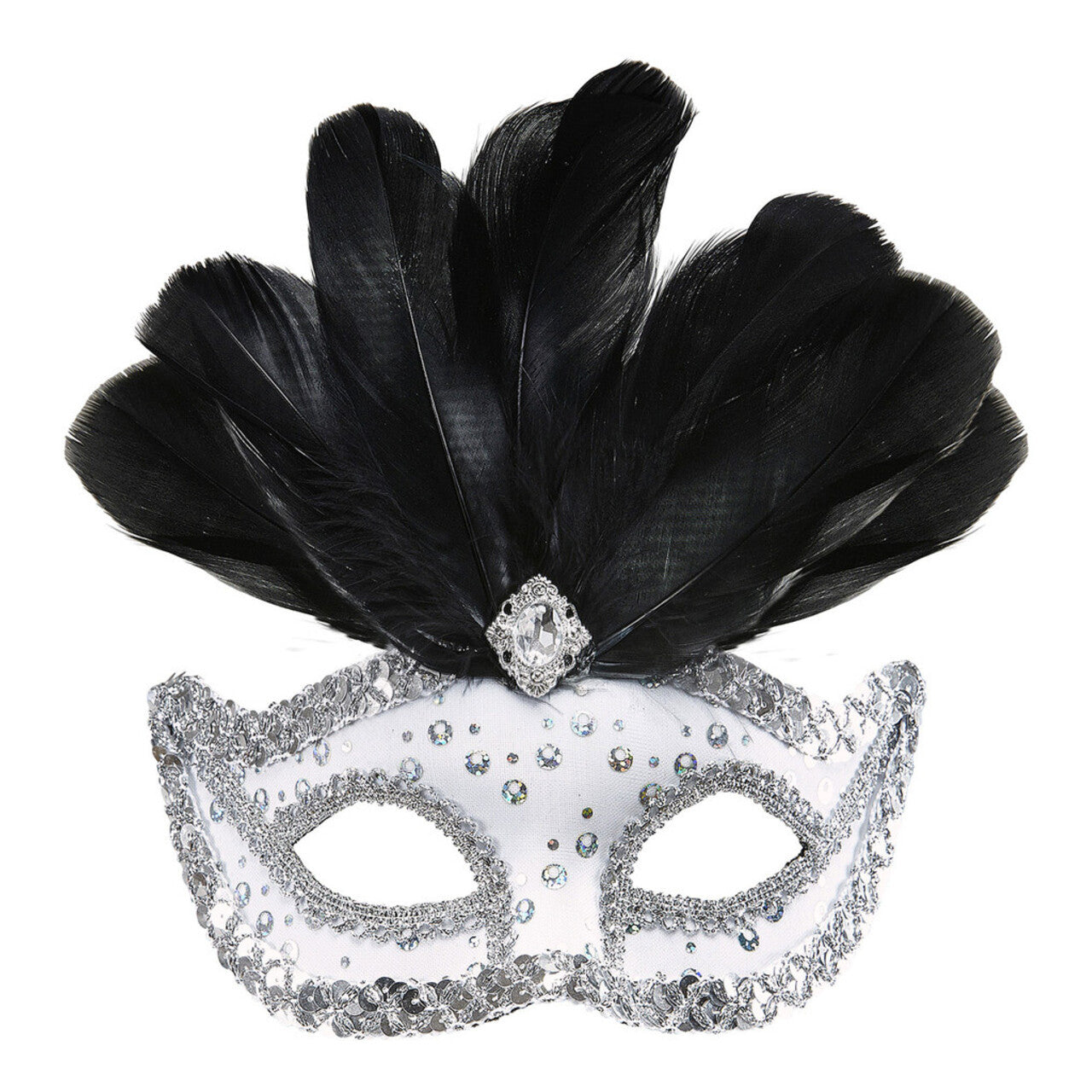 Op deze afbeelding zie je een Accessoires, van het merk Widmann. Samba Oogmasker Rialto Wit Met Pailletten En Veren