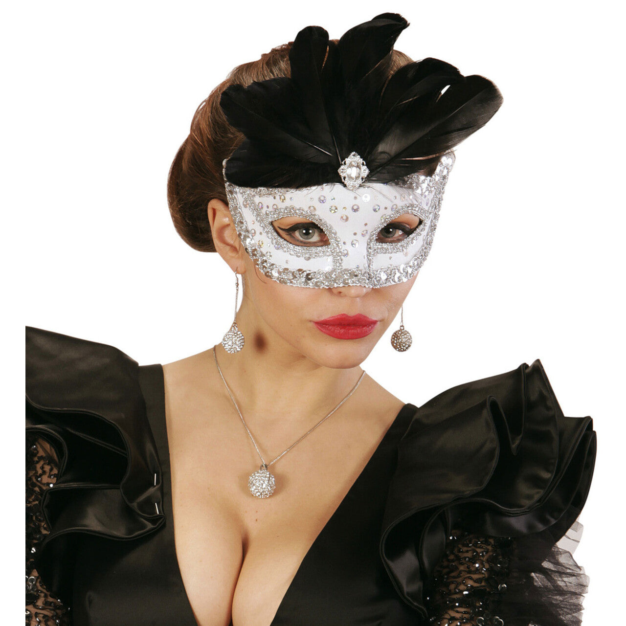 Op deze afbeelding zie je een Accessoires, van het merk Widmann. Samba Oogmasker Rialto Wit Met Pailletten En Veren