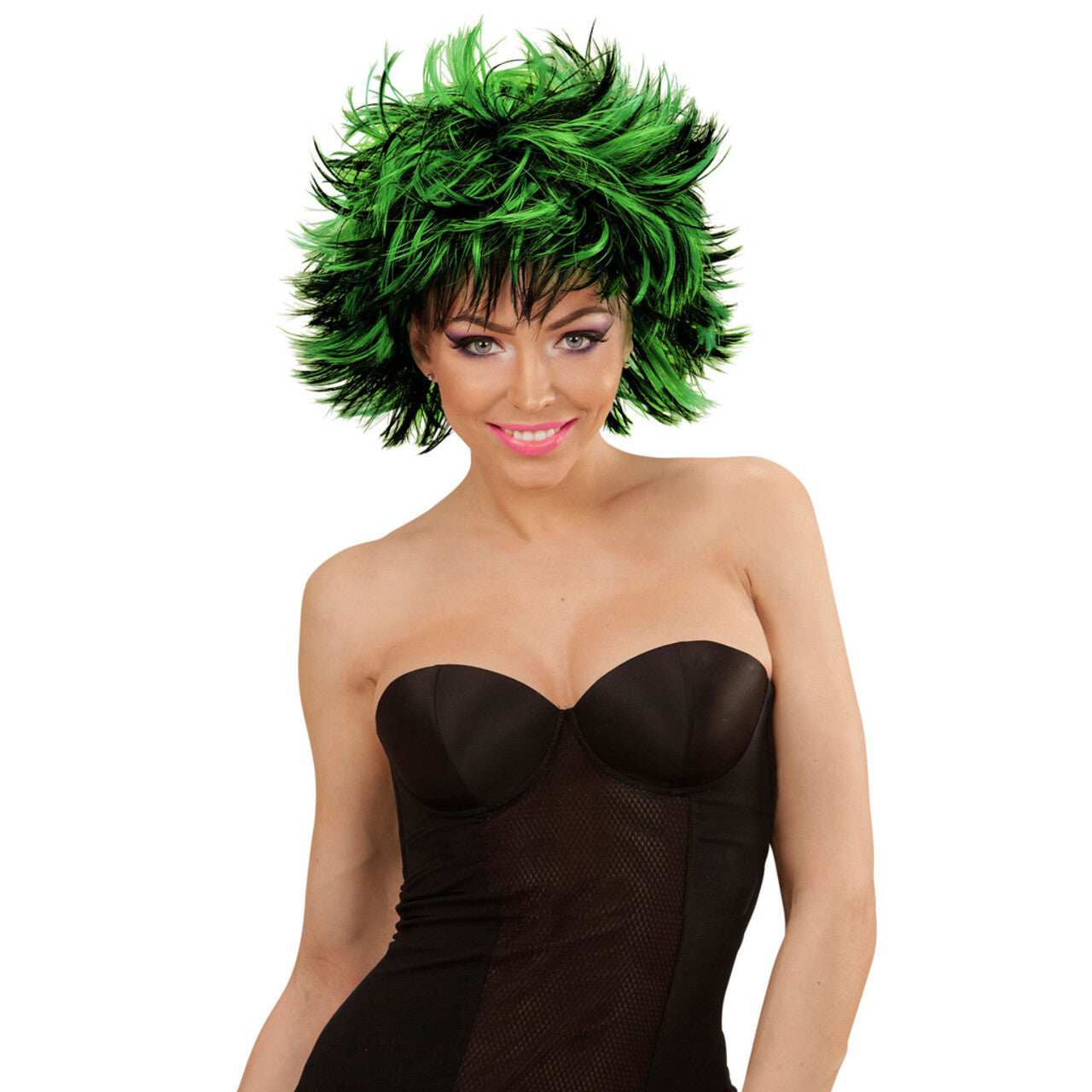 Op deze afbeelding zie je een Accessoires, van het merk Widmann. Punk Chick Pruik, Steamy Zwart / Green