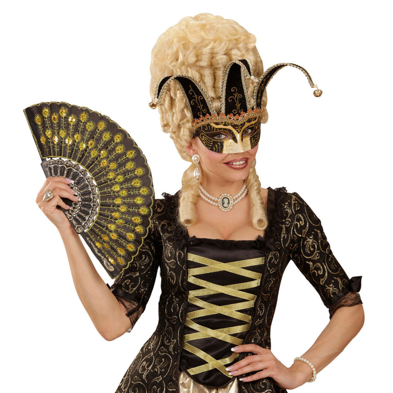 Op deze afbeelding zie je een Accessoires, van het merk Widmann. Nar Oogmasker, Joker Met Decoratie Glitters, Zwart