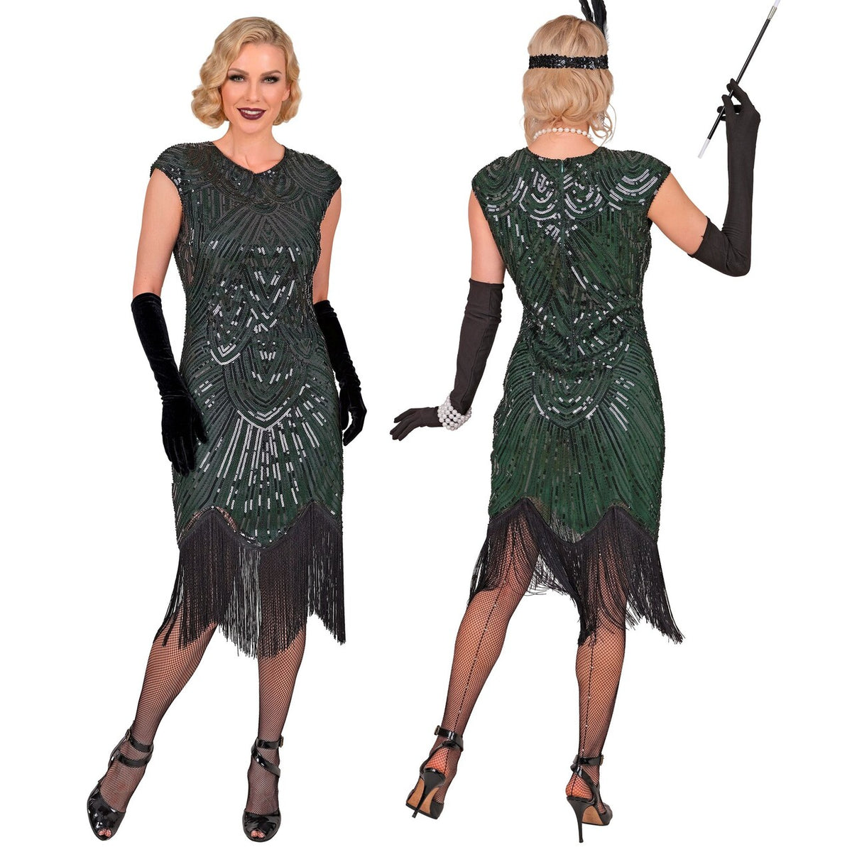 Op deze afbeelding zie je een Kostuums, van het merk Widmann. Roaring 20s Esmeralda Emerald Green Vrouw Kostuum