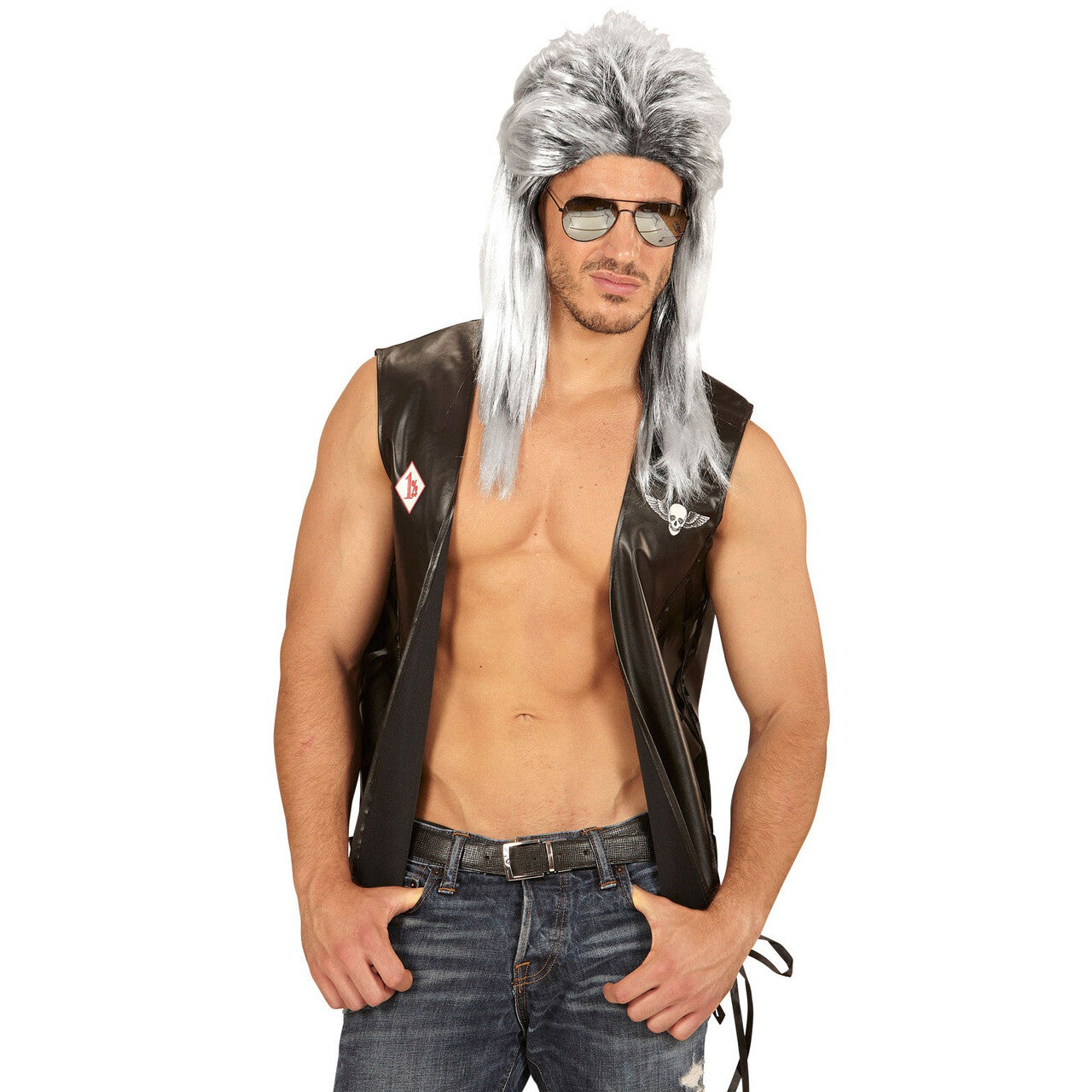 Op deze afbeelding zie je een Accessoires, van het merk Widmann. Brandon Pruik, Mullet 80s Grijs