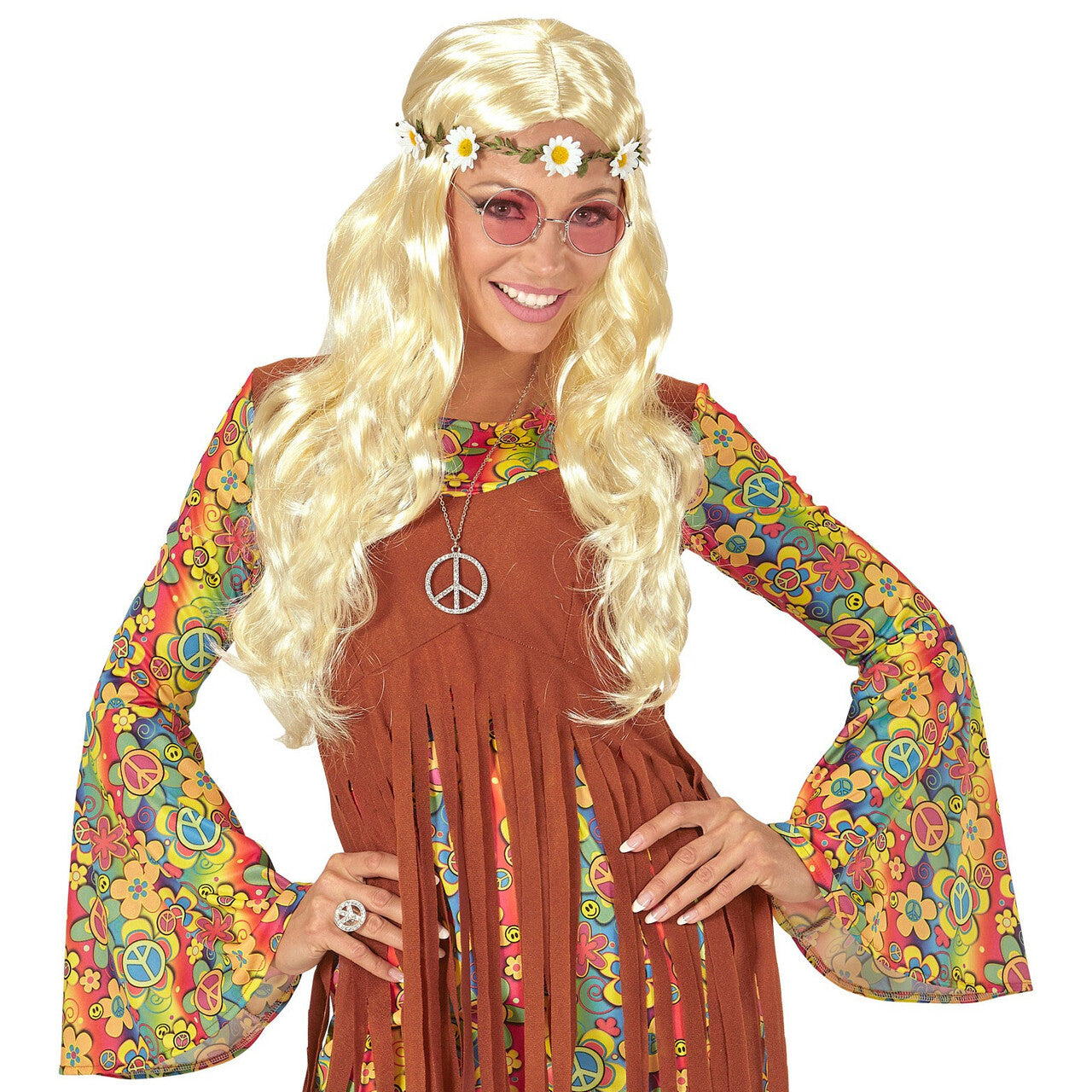 Op deze afbeelding zie je een Accessoires, van het merk Widmann. Curly Carla Pruik, Hippie / Middeleeuwen Blond Met Bloemen Hoofdband