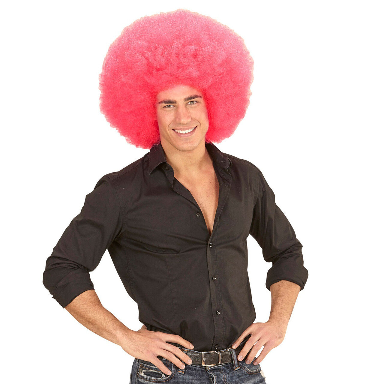 Op deze afbeelding zie je een Accessoires, van het merk Widmann. Soul Diva Pruik, Afro Extra Groot Roze