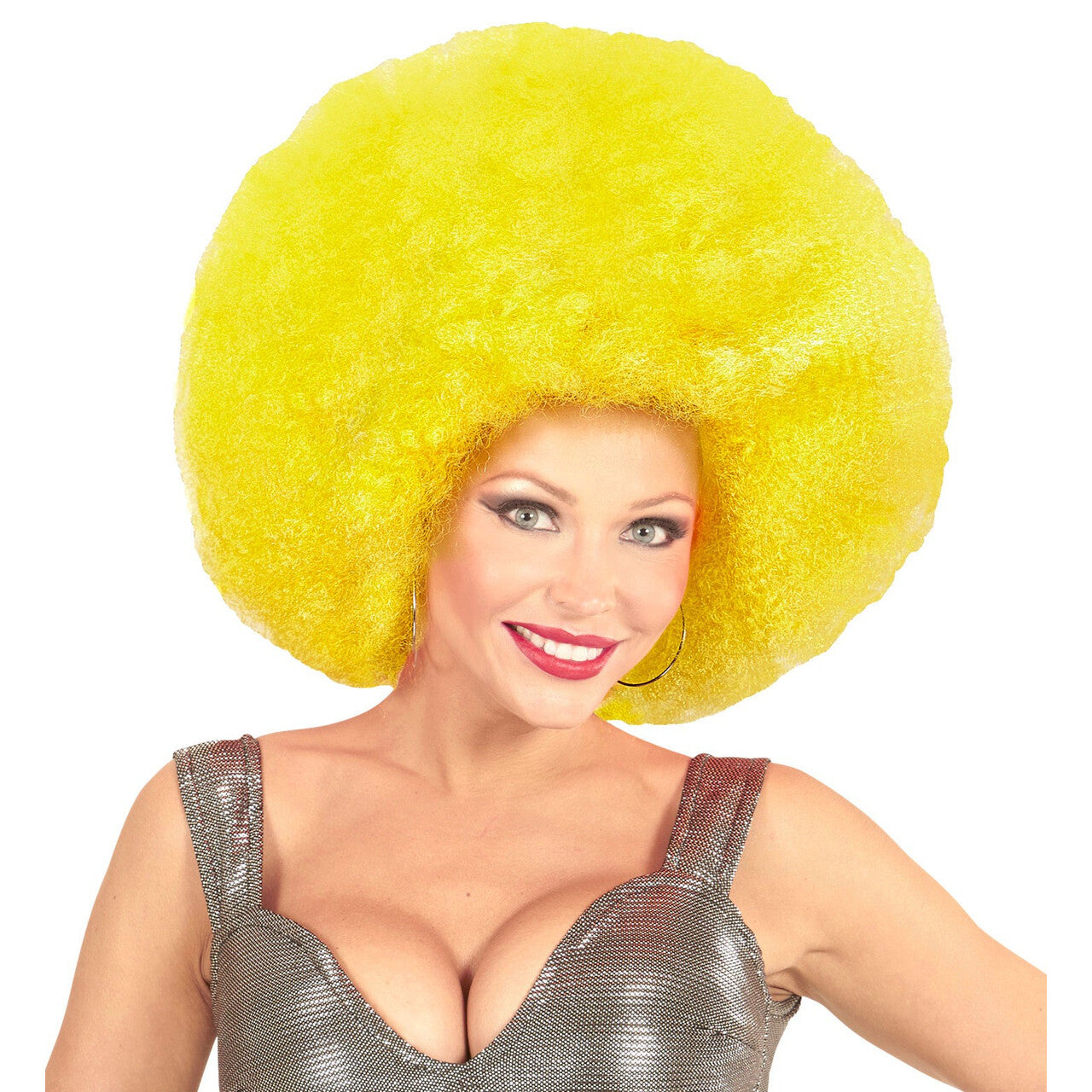 Op deze afbeelding zie je een Accessoires, van het merk Widmann. Soul Diva Pruik, Afro Extra Groot Geel