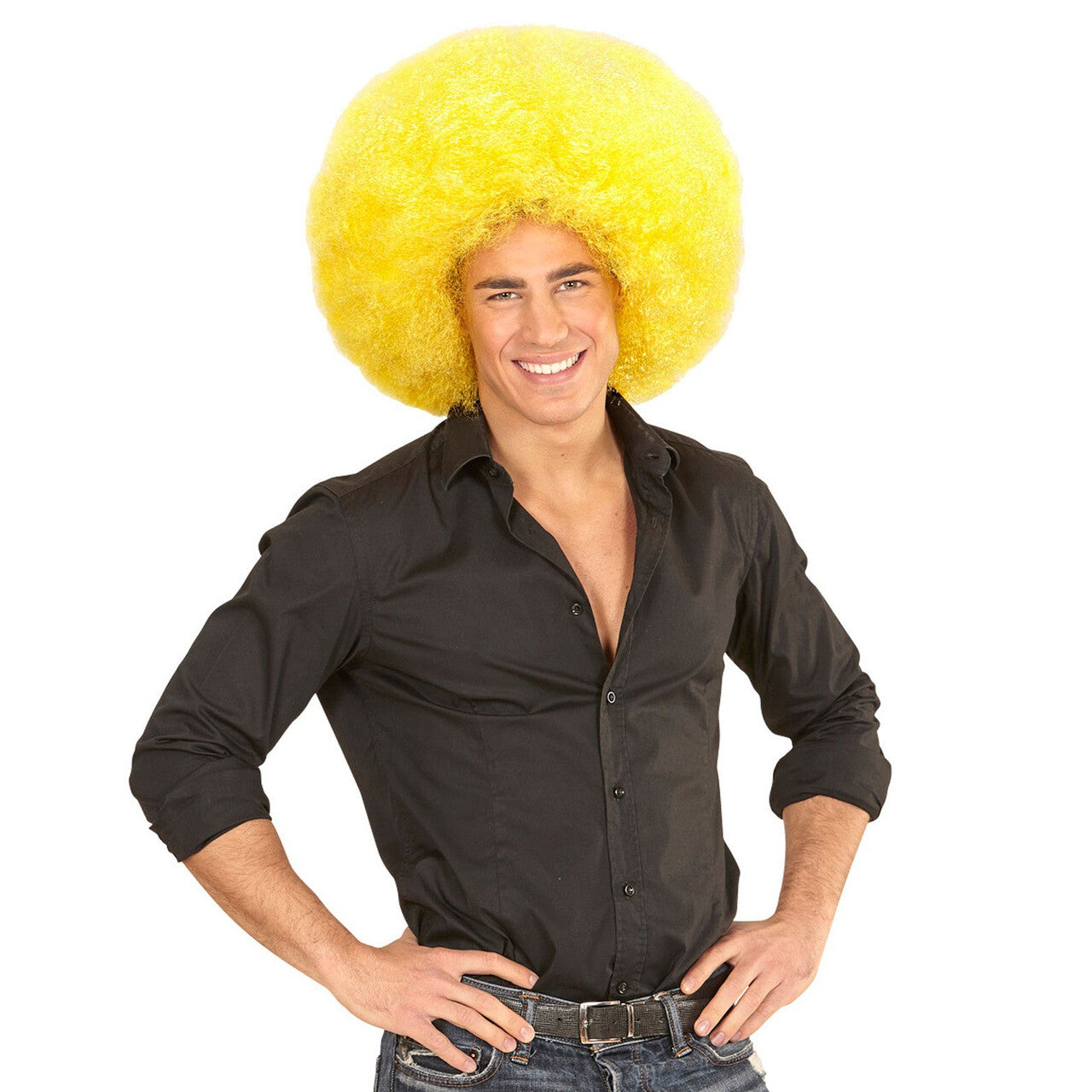 Op deze afbeelding zie je een Accessoires, van het merk Widmann. Soul Diva Pruik, Afro Extra Groot Geel