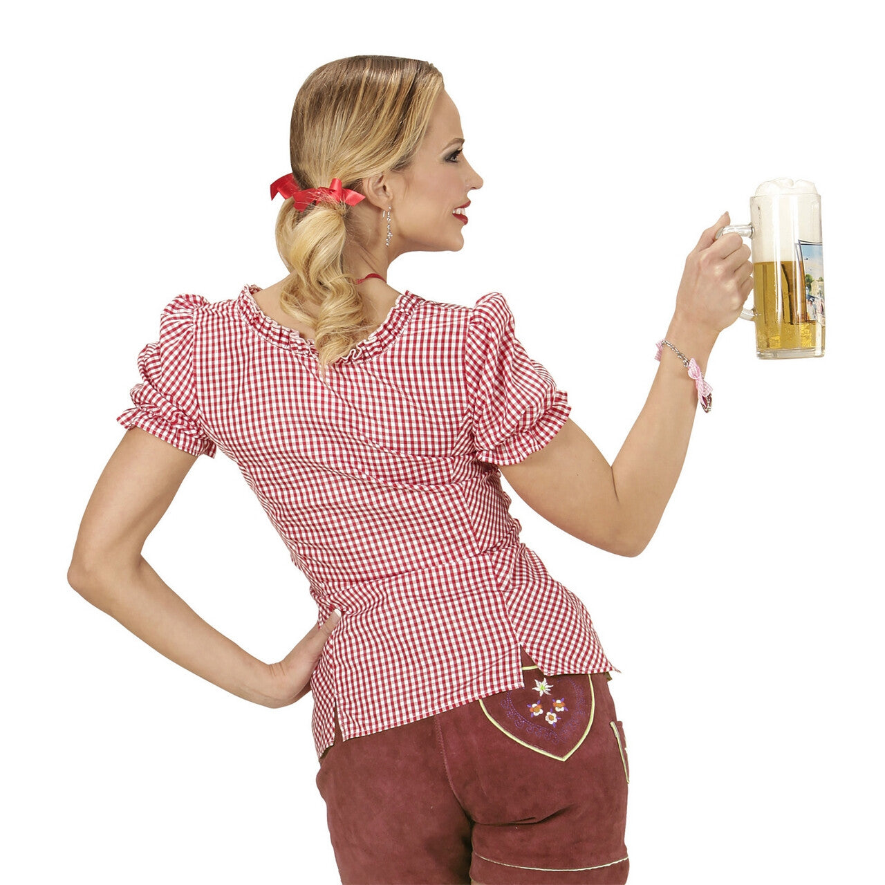 Op deze afbeelding zie je een Kostuums, van het merk Widmann. Rode Geblokte Bertha Beierse Blouse Vrouw