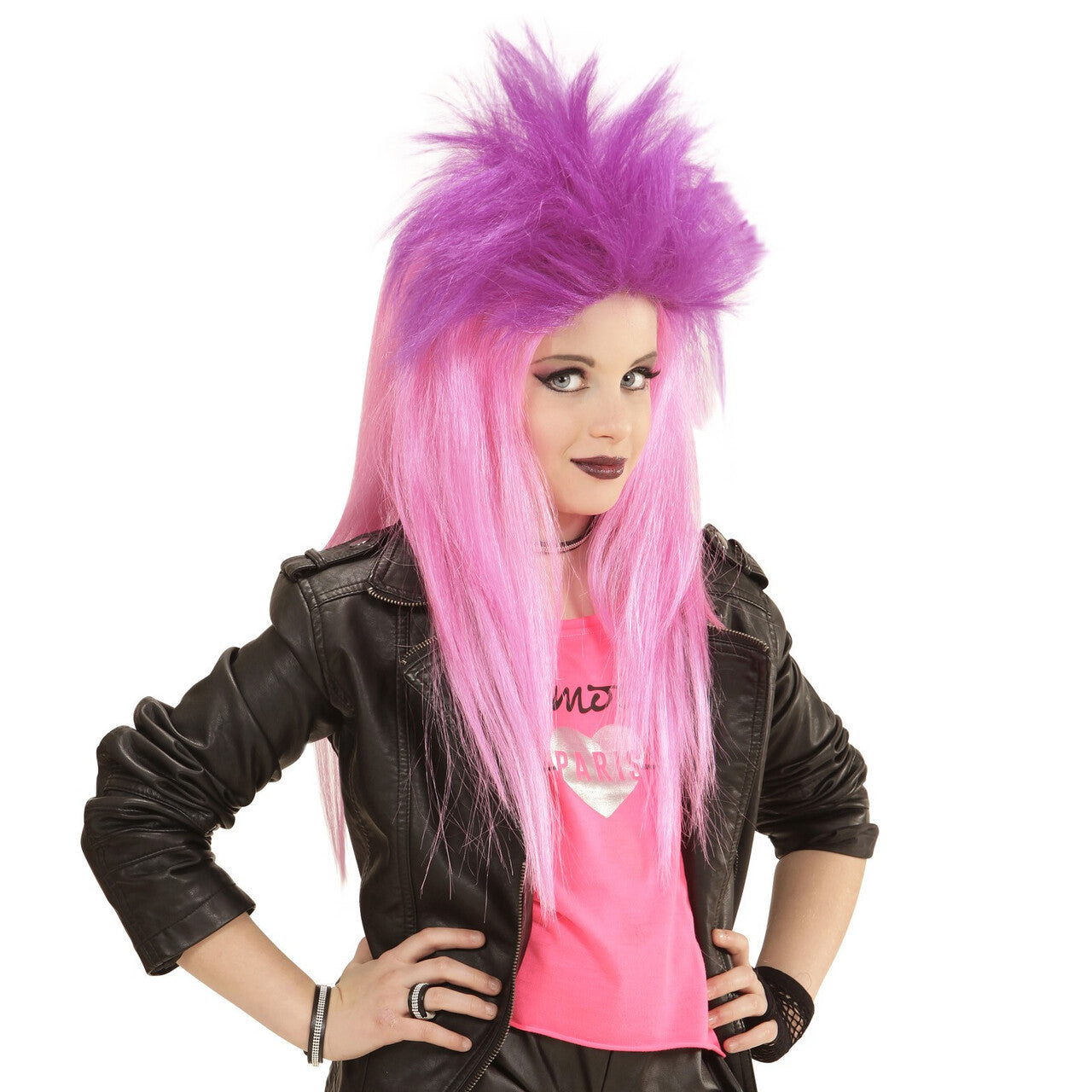 Op deze afbeelding zie je een Accessoires, van het merk Widmann. Neon Rock Pruik, Kind Punk Roze