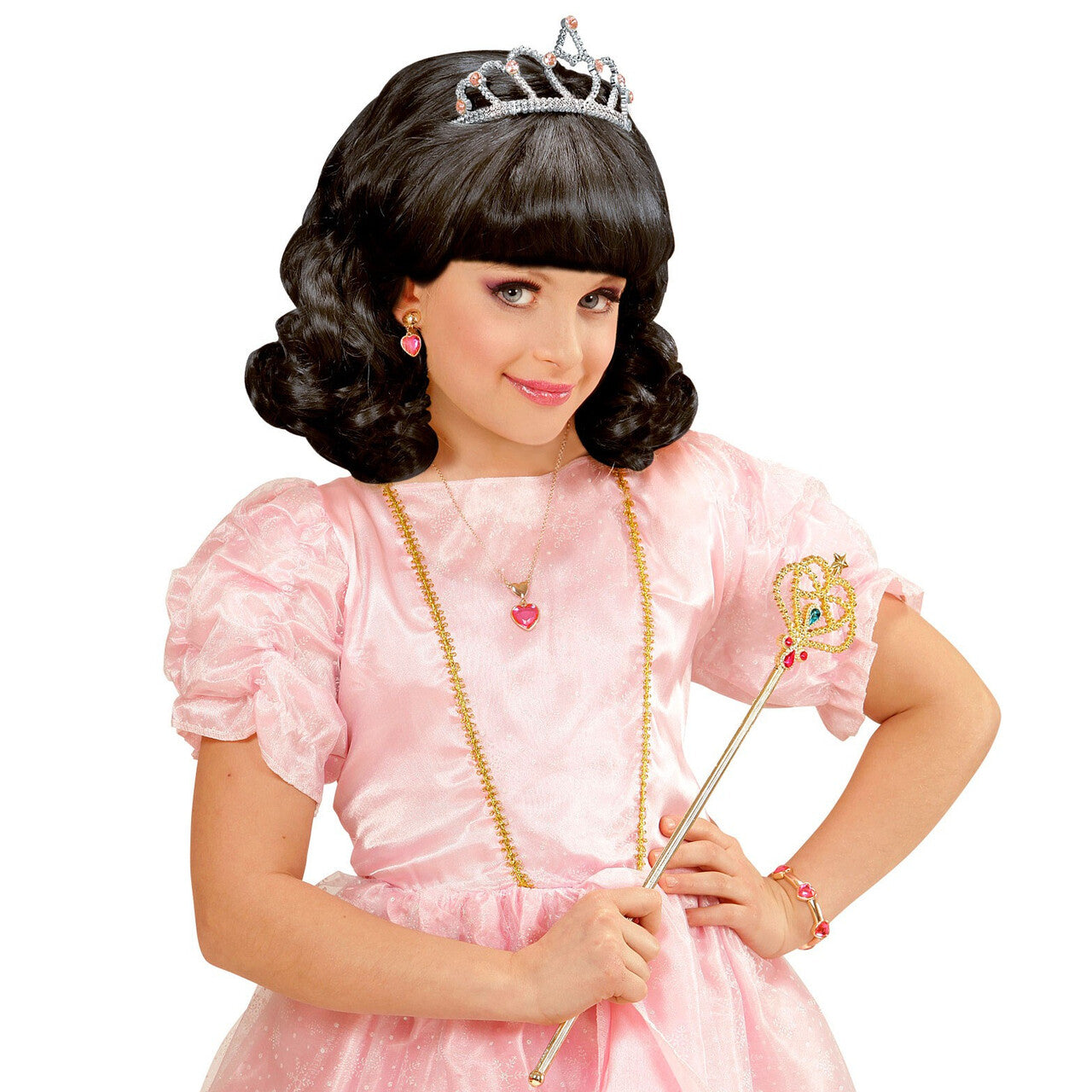 Op deze afbeelding zie je een Accessoires, van het merk Widmann. Schoonheidskoningin Pruik, Prinses Zwart Met Kroon Kind