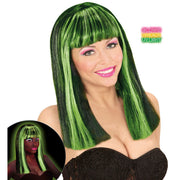 Op deze afbeelding zie je een Accessoires, van het merk Widmann. Lange Pruik, Patsy Neon Groen Strepen